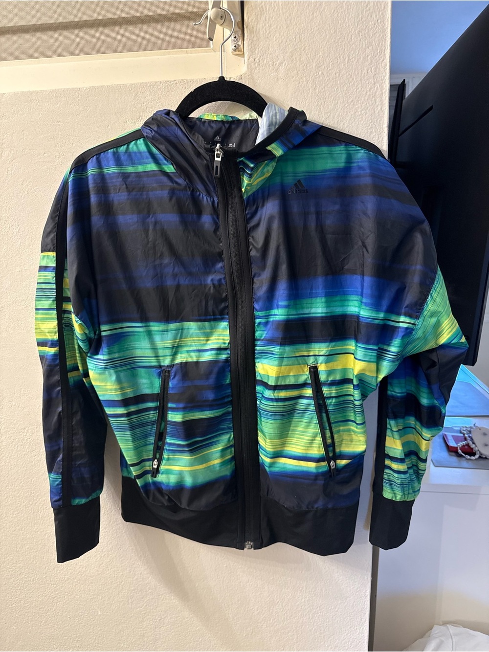 adidas Men's Striped Hooded Windbreaker in Blue and Green